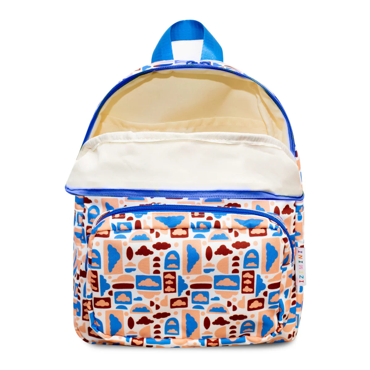inside view of toddler backpacks, perfect for on the go and have matching accessories. can also be personalised with childs name. this print is sky