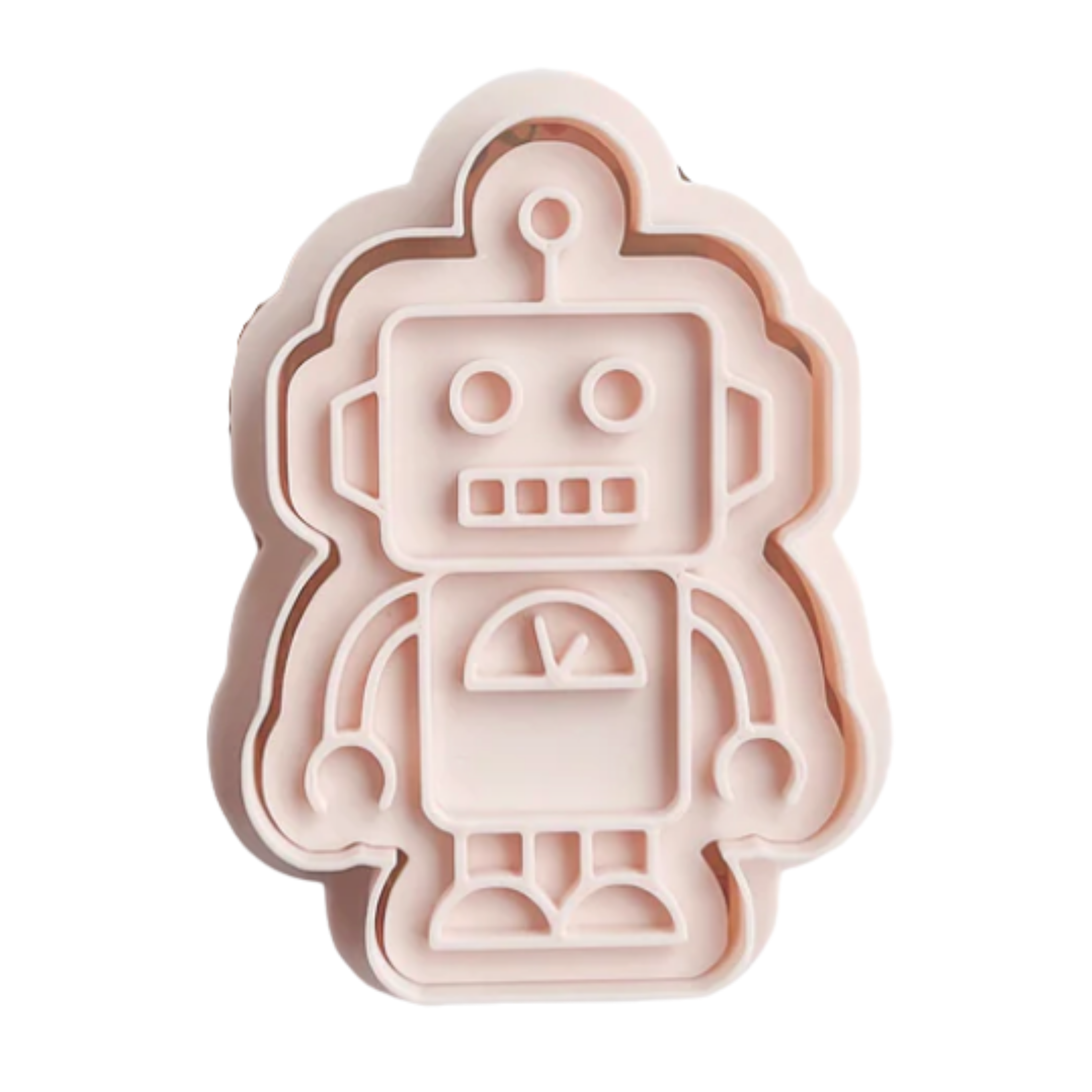 stock image of playdough/clay stamp and cutter. Eco-friendly sensory play tool by brand playsense perfect for creative and imaginative play. can also be used for cookies and baking. pictured is robot