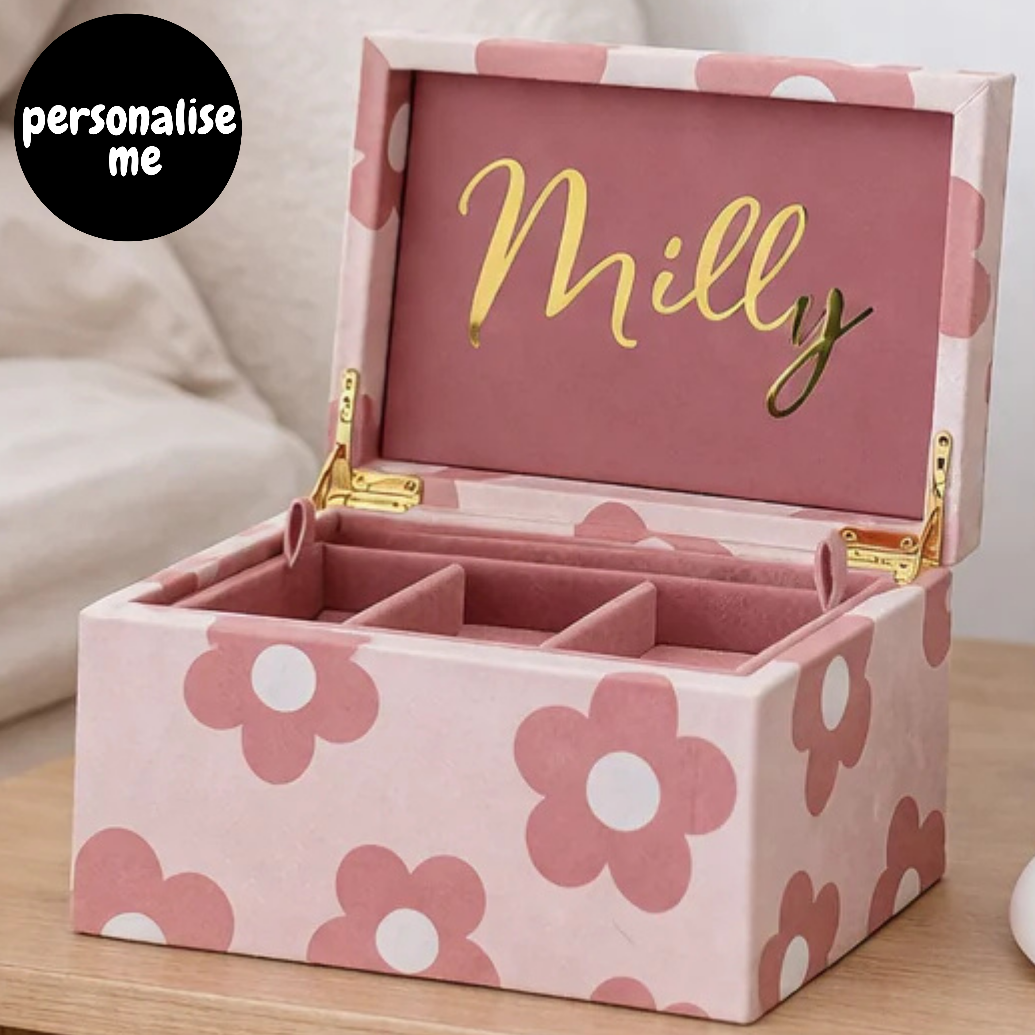 personalised jewellery box with gold name on pink lid