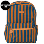 Fox & Fallow backpack for kids, perfect for school, daycare and everyday use. Spacious, practical and designed for little adventures. Personalisation of embroidery with name also available on bags in 2 placements. This print is barcelona - mustard orange and navy blue stripes
