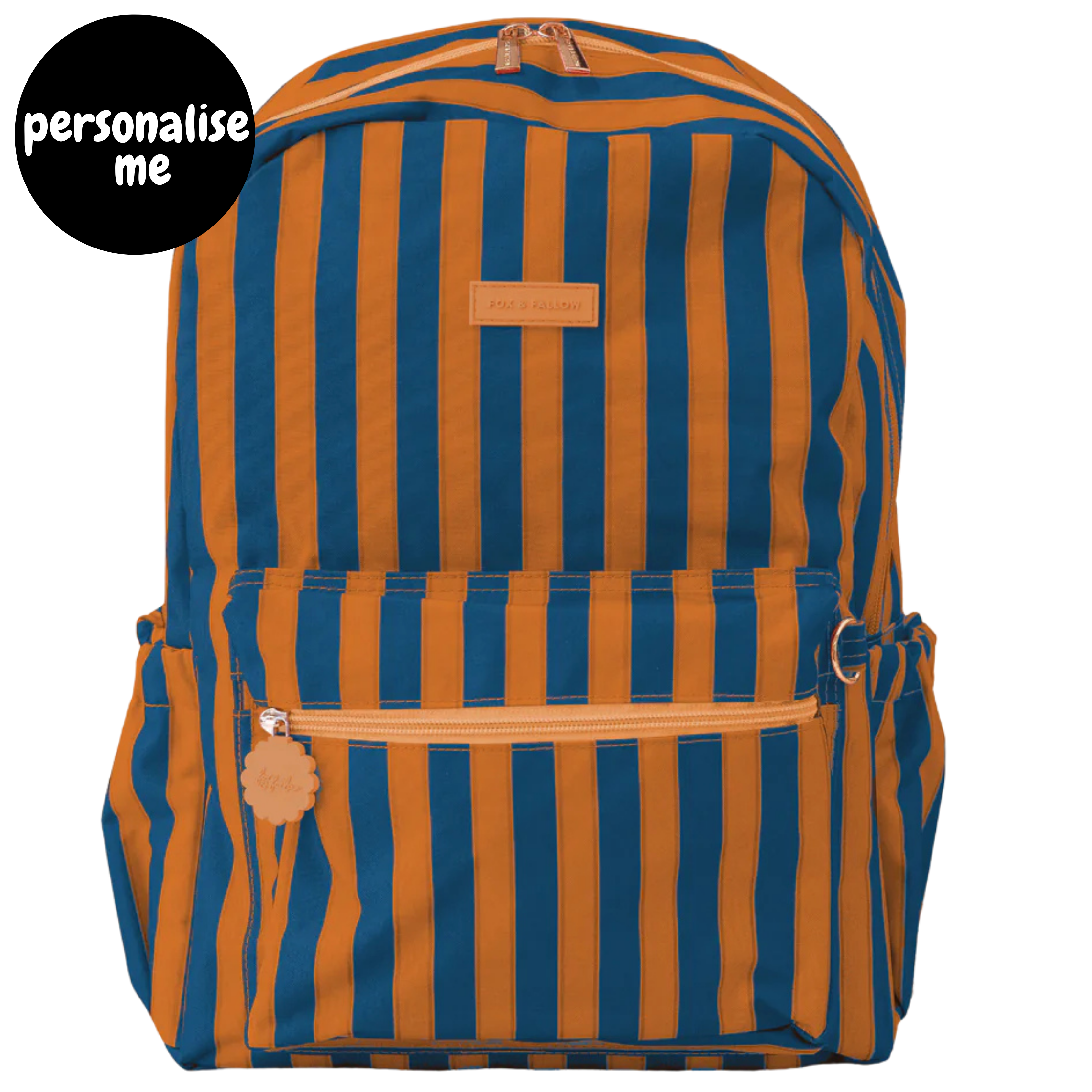 Fox & Fallow backpack for kids, perfect for school, daycare and everyday use. Spacious, practical and designed for little adventures. Personalisation of embroidery with name also available on bags in 2 placements. This print is barcelona - mustard orange and navy blue stripes
