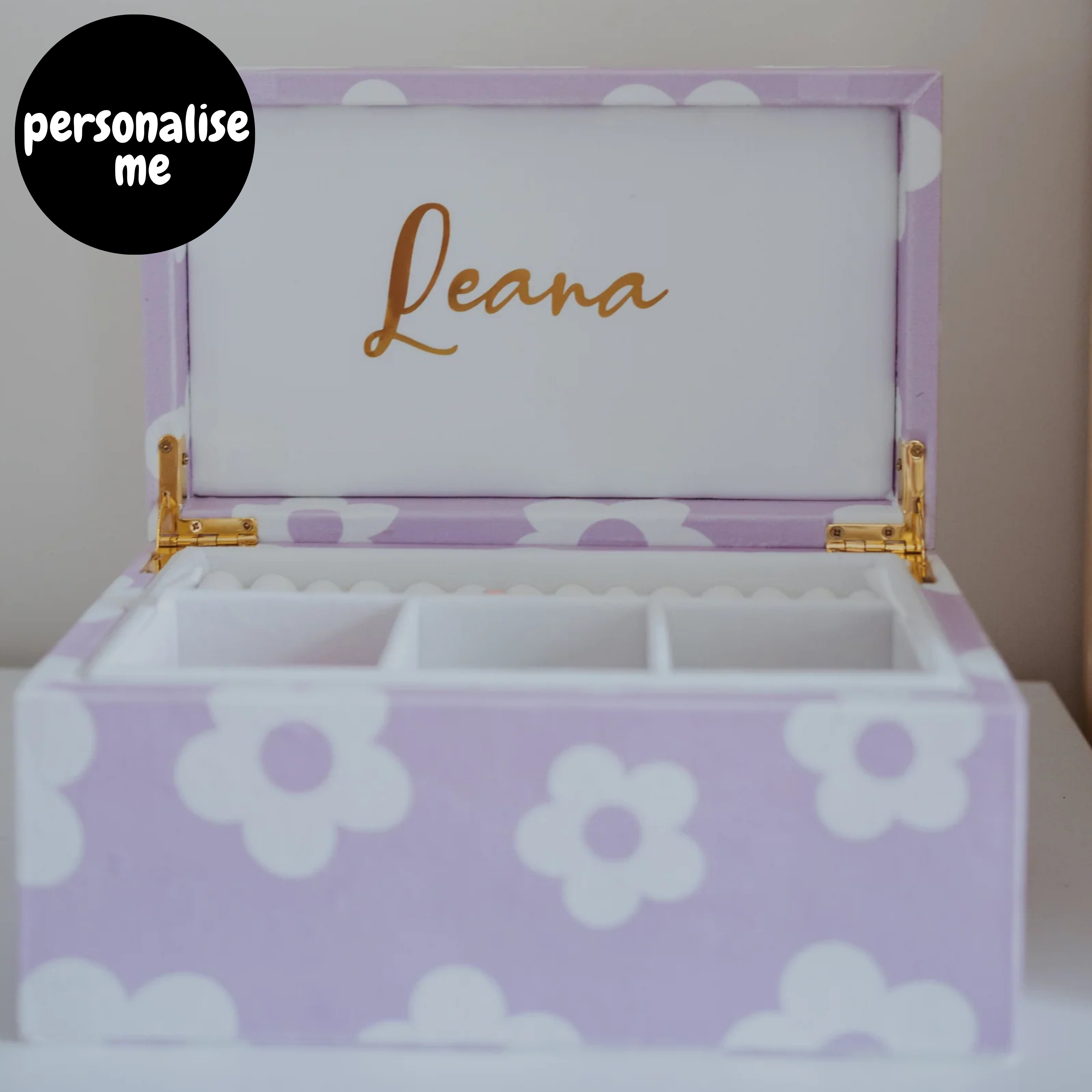 personalised lilac jewellery box with gold name on lid