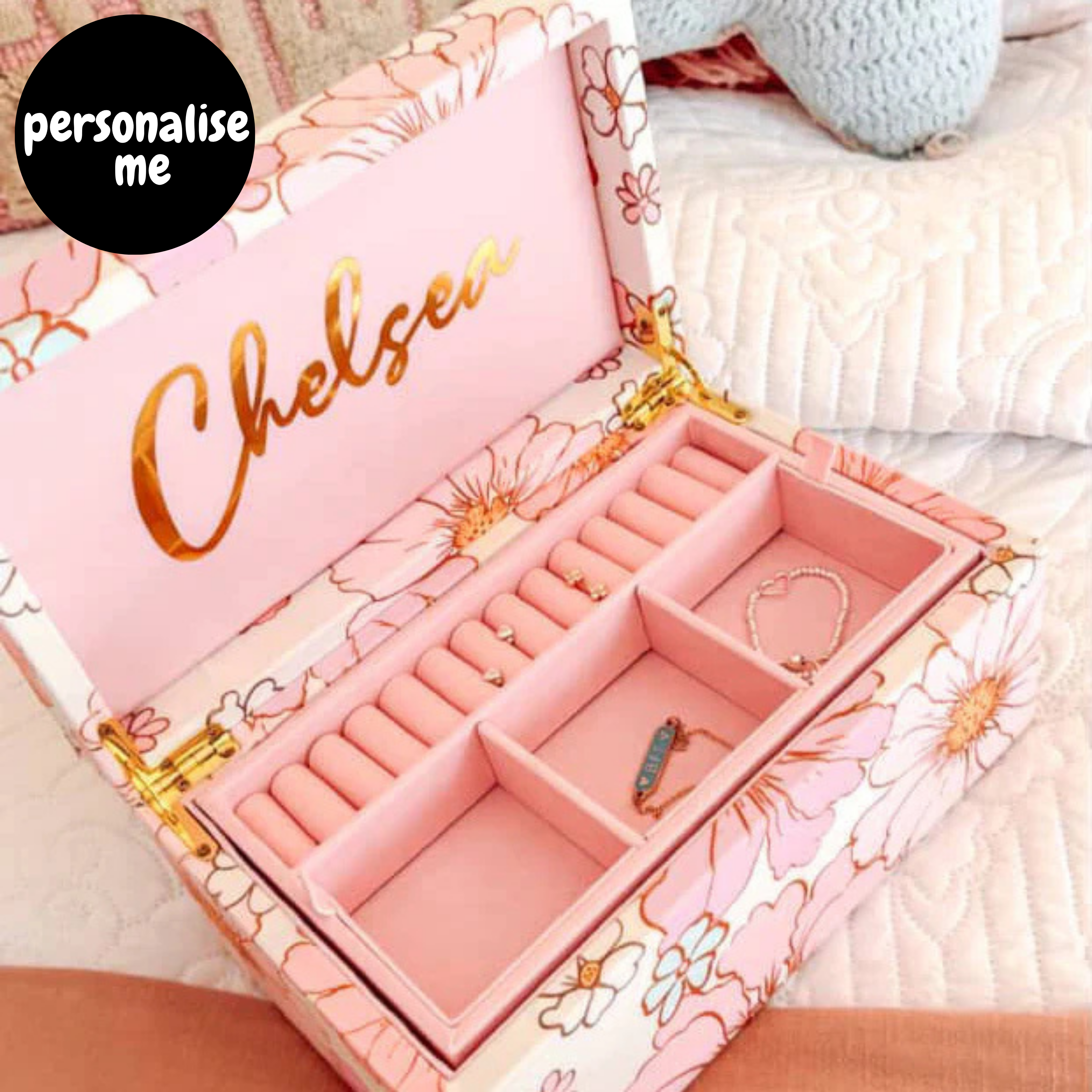 personalised jewellery box with gold name on pink lid