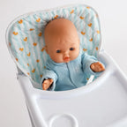close up of blue ducky highchair for dolls made by tiny harlow