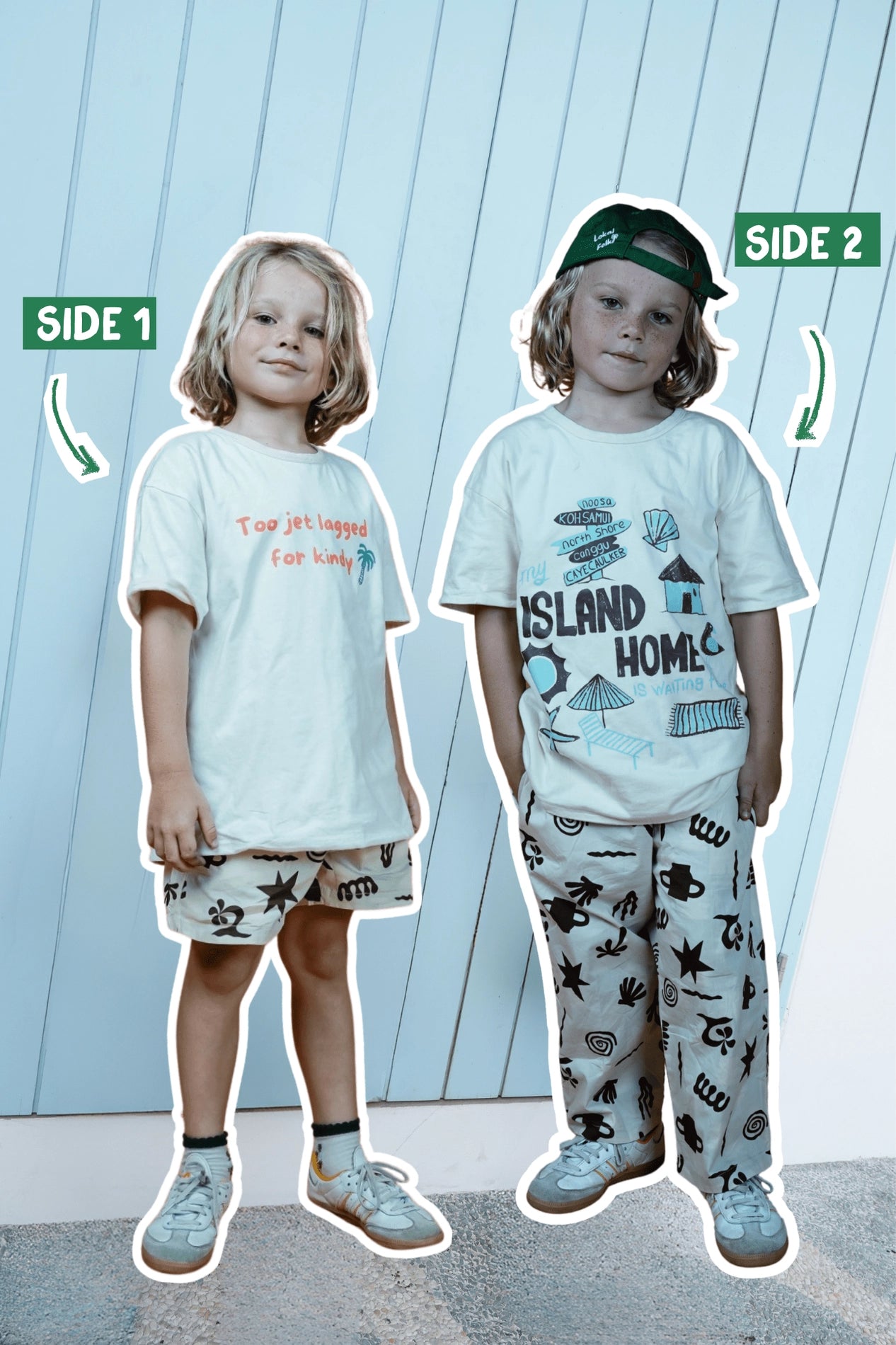 Child wearing reversible organic cotton Traveller Tee by Lokal Folk