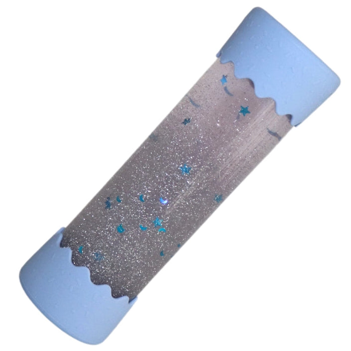 Jellystone Designs Baby Calm Down Bottle in Soft Blue with blue silver and iridescent glitter sensory filling
