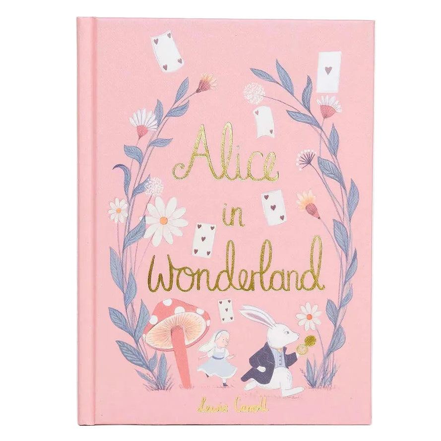 front of Alice in Wonderland collector’s edition hardback book with blush pink illustrated cover, gold foil lettering and sprayed heart cards page edges by Lewis Carroll. wordsworth collectors limited edition