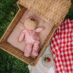 Dozy Dinkum doll strawberry print outfit lying flat soft toy