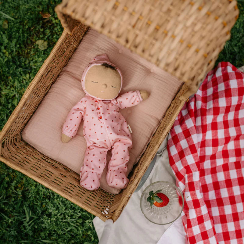 Dozy Dinkum doll strawberry print outfit lying flat soft toy
