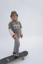 Kids adventure-themed reversible t-shirt in charcoal and sand
