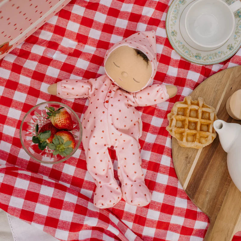 Olli Ella Dozy Dinkum doll in pink strawberry print outfit
