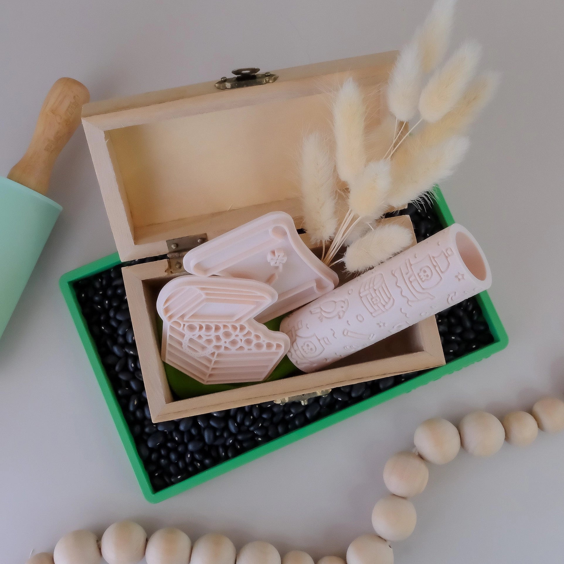 Image of eco textured dough roller designed with fun patterns and to be used with sensory like playdough or can be used for cooking dough. Textured roller is in the pattern pirate