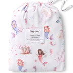 Snuggle Hunny Mermaid organic fitted cot sheet in matching drawstring bag featuring colourful mermaid and under the sea print