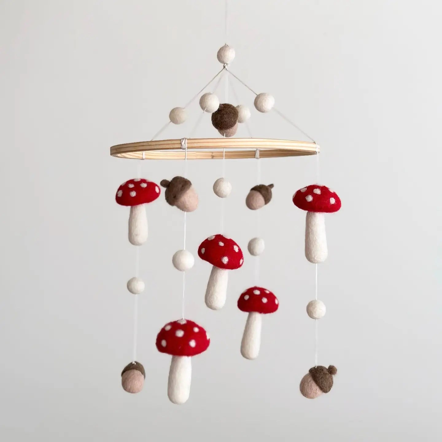 Storybook woodland baby mobile with handcrafted wool felt mushroom decorations