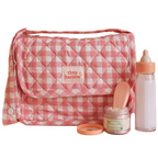 baby doll nurturer kit that is a nappy bag for kids and comes with a milk bottle and doll food for pretend play. the print is pink gingham
