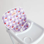close up of cherry gingham highchair for dolls made by tiny harlow