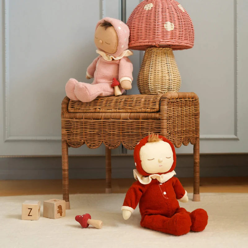 Olli Ella Dozy Dinkum doll in red toadstool outfit soft plush baby doll
