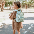back view of child wearing toddler backpacks, perfect for on the go and have matching accessories. can also be personalised with childs name. this print is parker