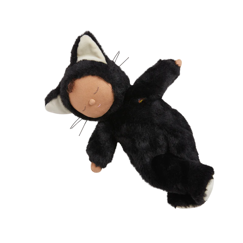 Plush black cat doll for kids cuddling and imaginative play

