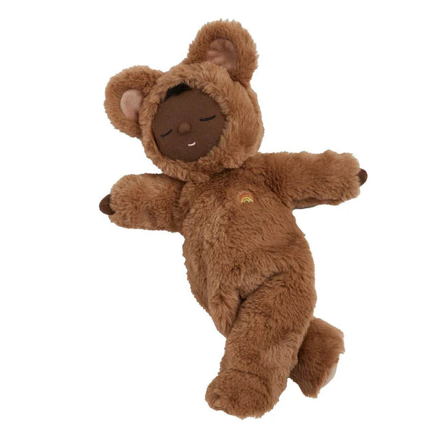 Caramel teddy Cozy Dinkum doll styled on neutral background