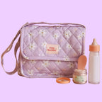 lilac daisy baby dolls nappy bag by the brand tiny harlow with tiny tummies jar doll food and doll milk bottle
