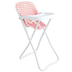 pink gingham highchair for dolls made by tiny harlow