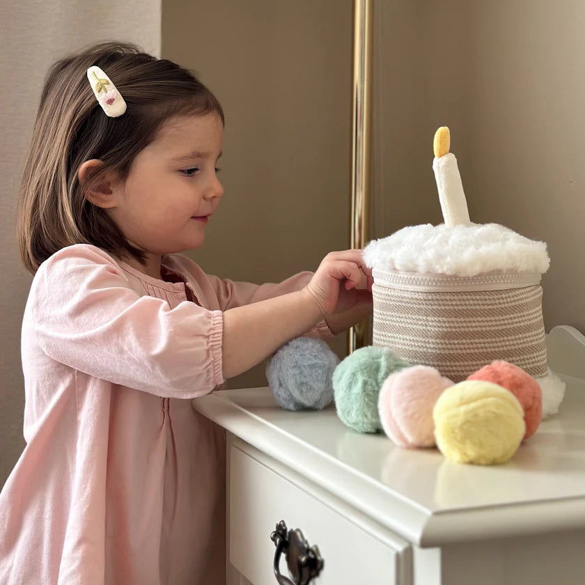 Plush birthday cake toss game for toddlers by Little Lamb Kind