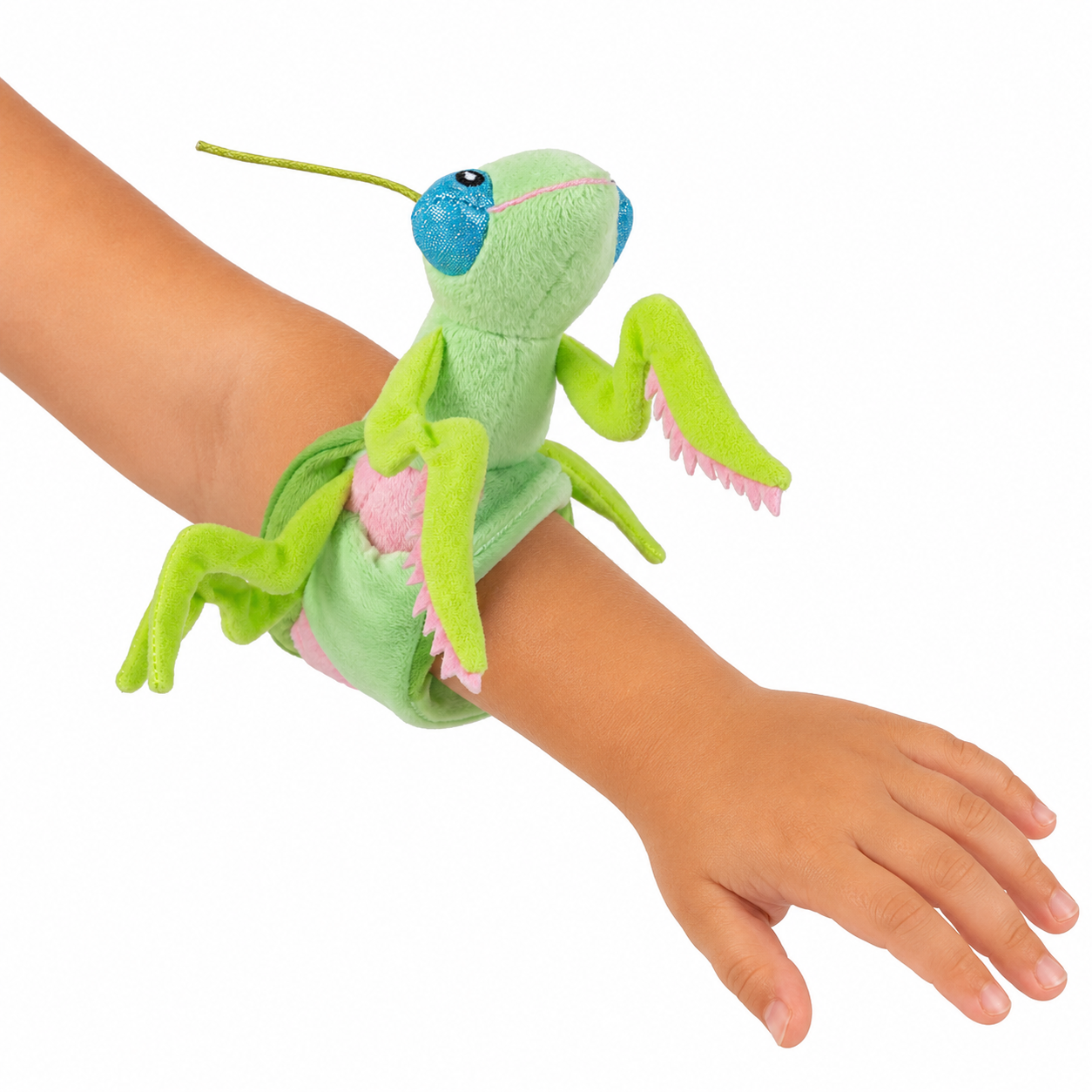 Plush toy grasshopper on a child's wrist against a white background
