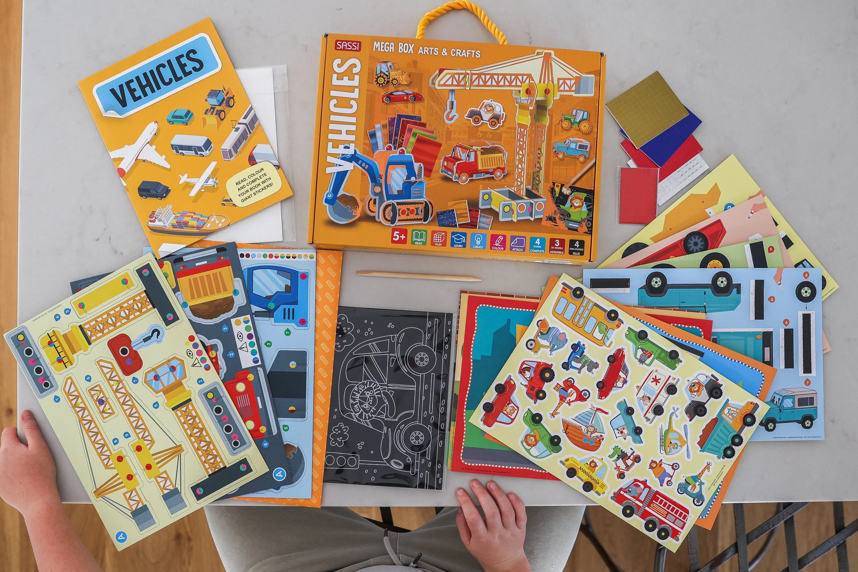 Vehicle themed arts and crafts activity box for children