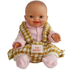 baby dolls carrier made by tiny harlow with a baby inside for pretend play, the print is mustard gingham