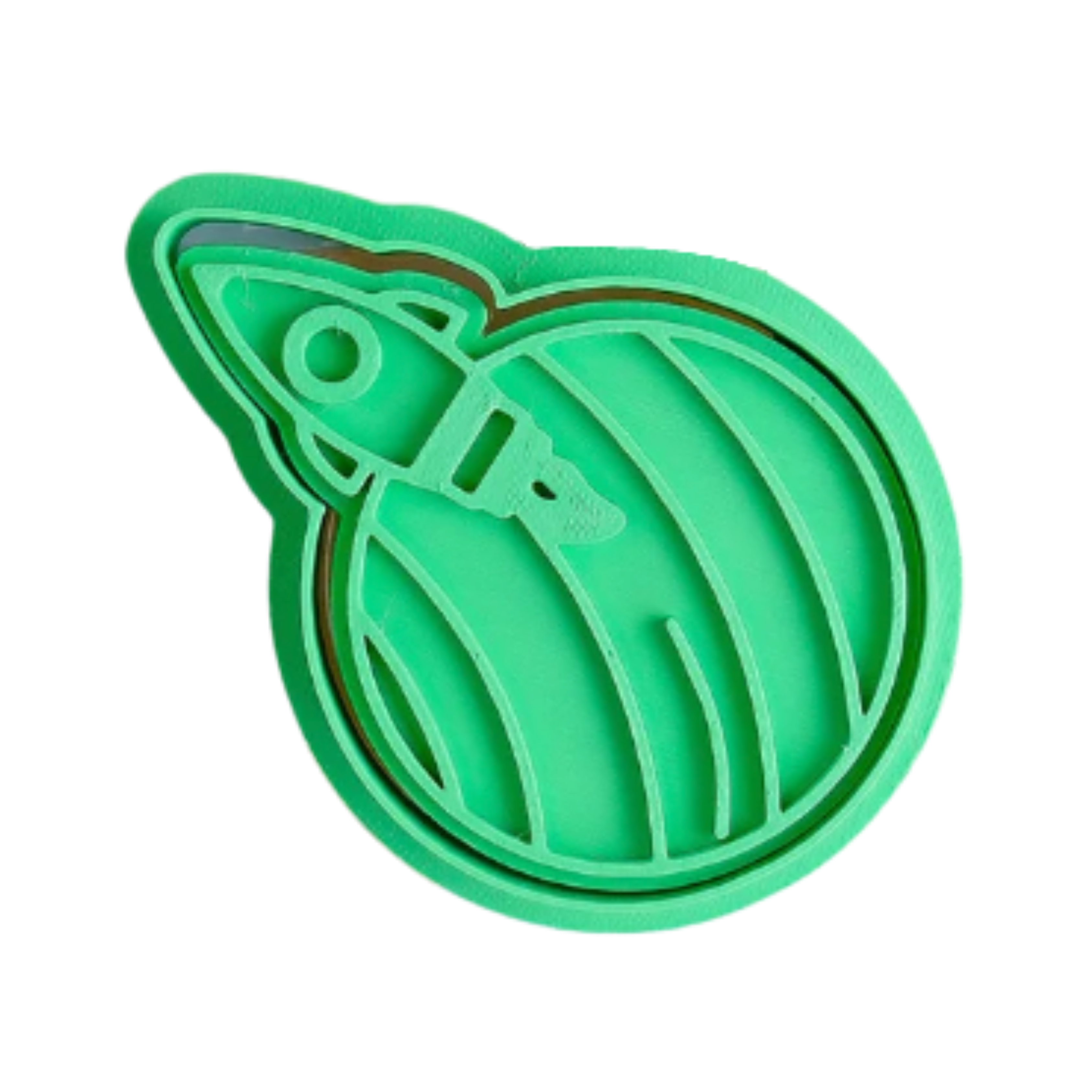 stock image of playdough/clay stamp and cutter. Eco-friendly sensory play tool by brand playsense perfect for creative and imaginative play. can also be used for cookies and baking. pictured is a rocket blasting off a planet called blast off