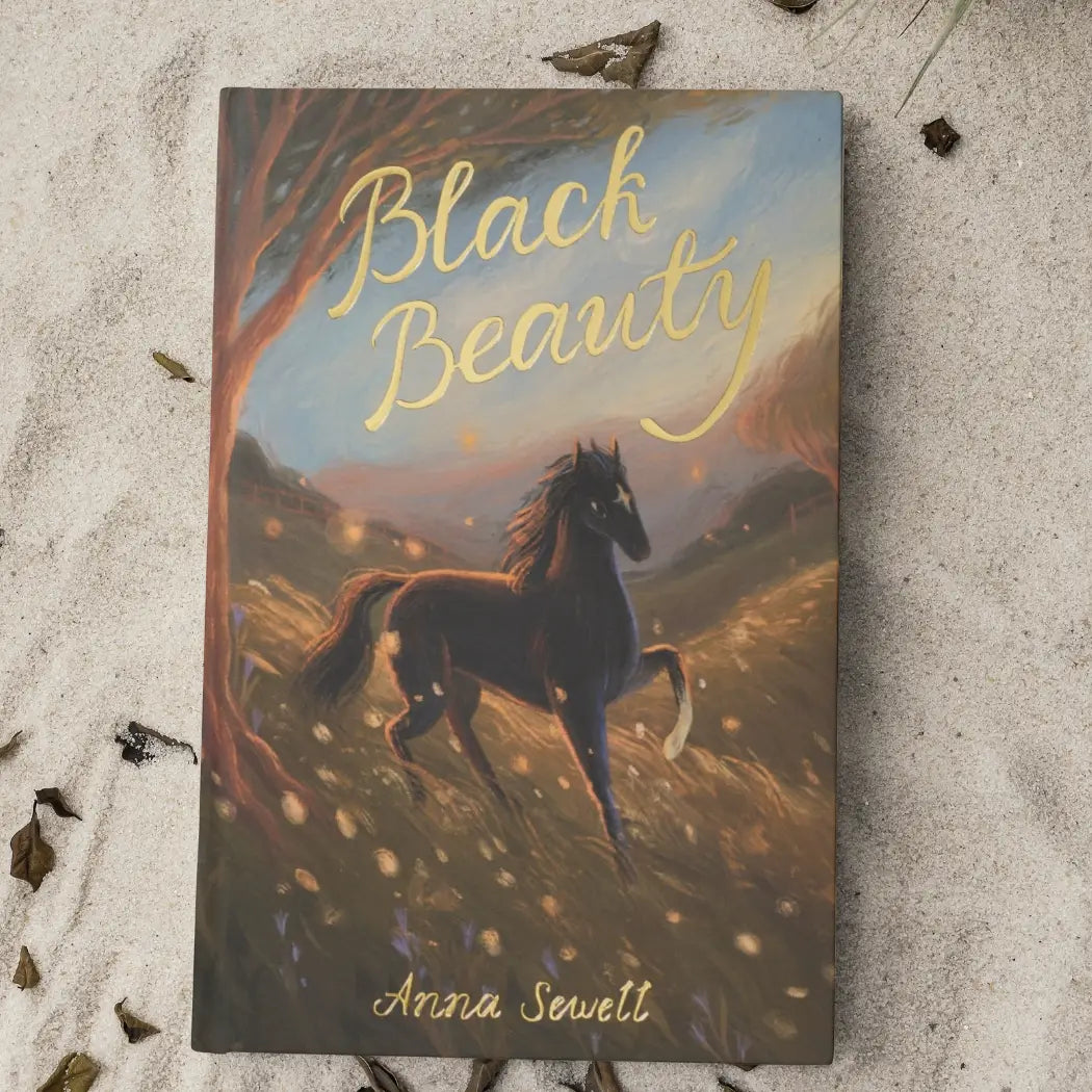 Black Beauty paperback book by Anna Sewell with illustrated cover featuring a black horse running through a glowing countryside scene