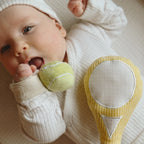 Tennis baby gift set with wrist rattle and racket toy