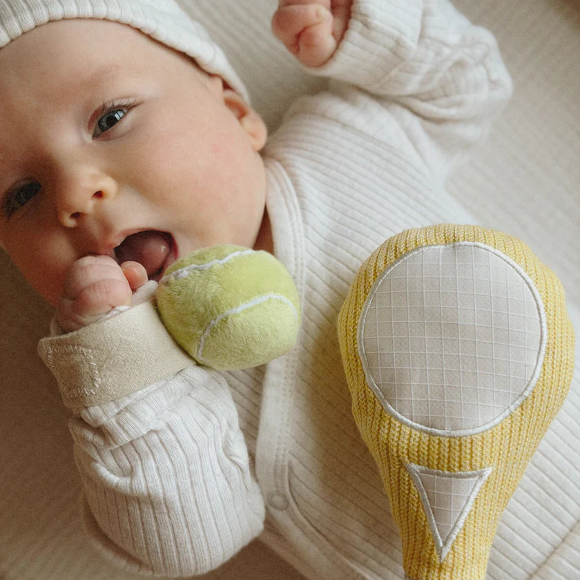 Tennis baby gift set with wrist rattle and racket toy