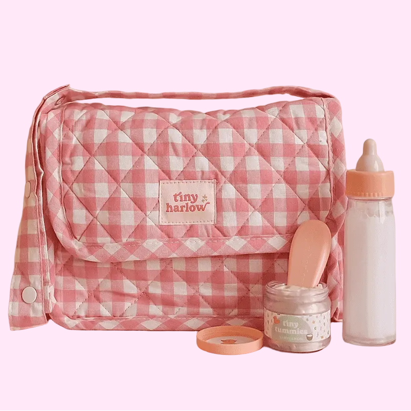 Pink Gingham Tiny Nurturer Doll Nappy Bag Set - Tiny Harlow