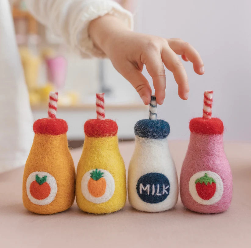felt strawberry juice, orange juice, pineapple juice and plain milk toy handmade wool pretend play doll drink bottle Juni Moon