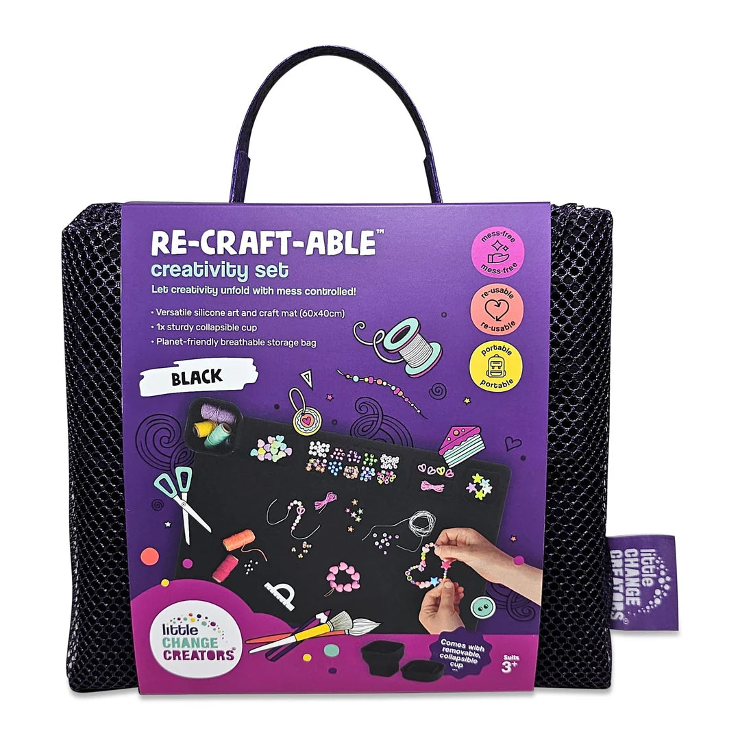 front packaging of how to use the Re-CRAFT-able Silicone Creativity Mat Set in black with silicone craft mat and cup. A fun and practical solution for mess free creative play. made by little change creators