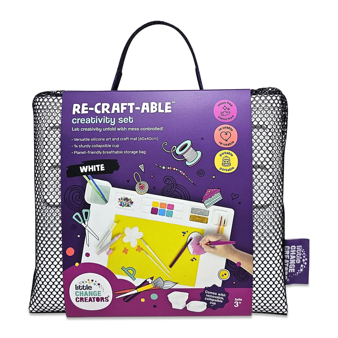 packaging front of the Re-CRAFT-able Silicone Creativity Mat Set in white with silicone craft mat and cup. A fun and practical solution for mess free creative play. made by little change creators