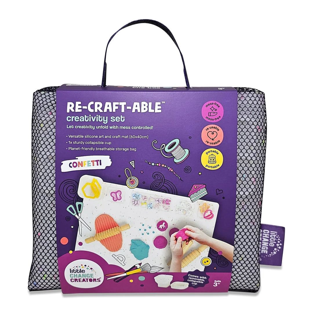 packing of the Re-CRAFT-able Silicone Creativity Mat Set in Confetti with silicone craft mat and cup. A fun and practical solution for mess free creative play. made by little change creators