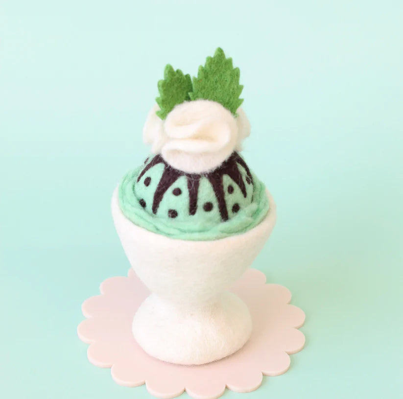 Felt choc mint sundae toy with whipped cream pretend dessert
