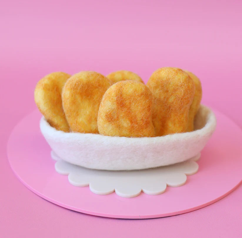 felt chicken nuggets toy set handmade wool pretend play food with bowl and sauce Juni Moon