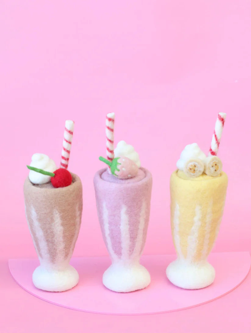 stock view of felt strawberry, chocolate and banana milkshake toy handmade wool pretend play drink diner Juni Moon
