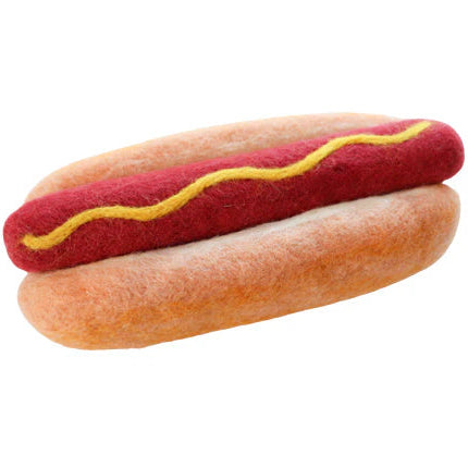 felt hot dog toy handmade wool pretend play food bun with mustard Juni Moon