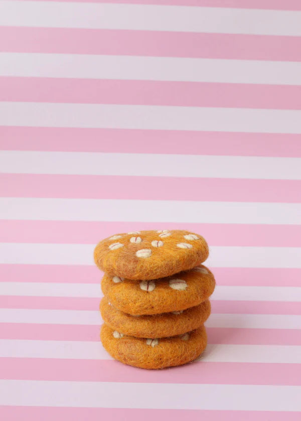 stack of felt Anzac biscuit toy handmade wool pretend play food oat cookie Juni Moon