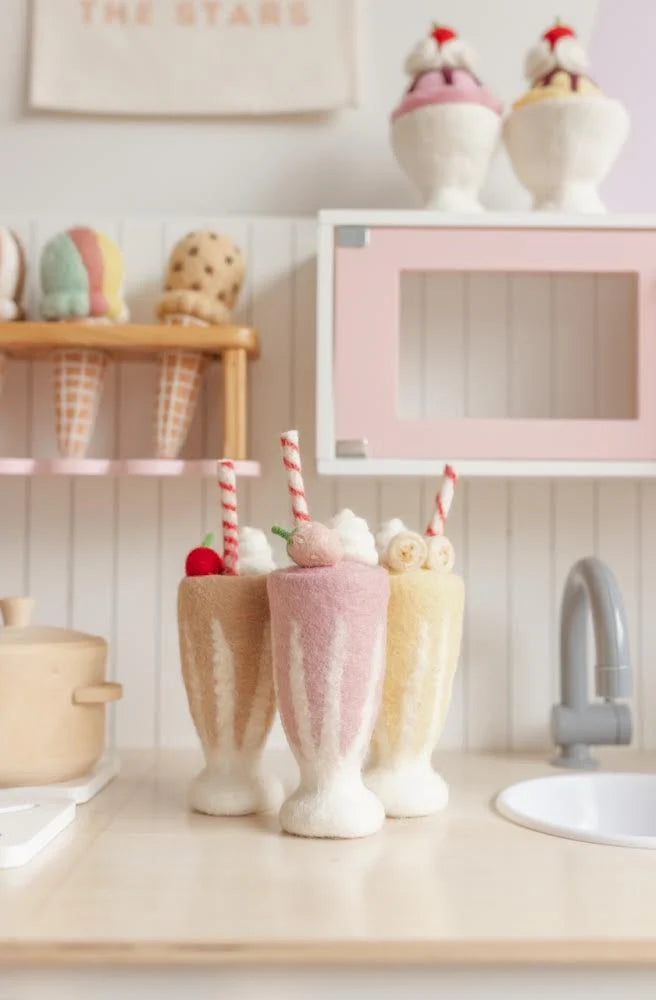 in play kitchen view of felt strawberry, chocolate and banana milkshake toy handmade wool pretend play drink diner Juni Moon