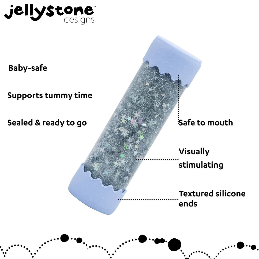 Soft blue Jellystone Designs baby sensory calm down bottle with glitter and star confetti