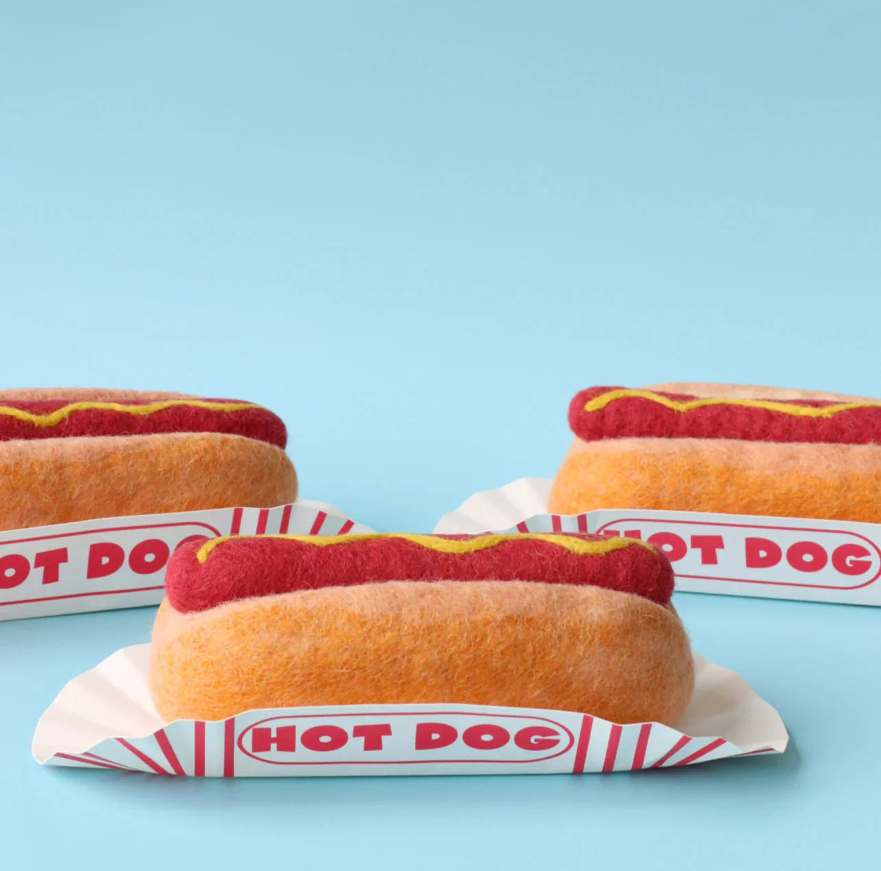 felt hot dog toy handmade wool pretend play food bun with mustard Juni Moon