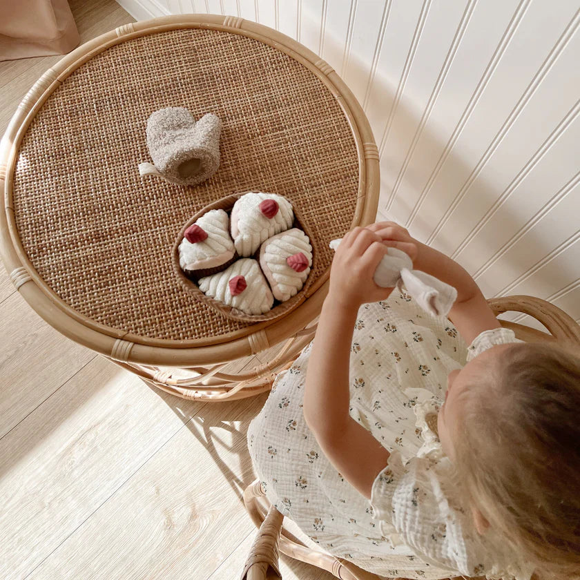 Soft sensory cake baking pretend play set for kids with textured plush pieces by Little Lamb Kind