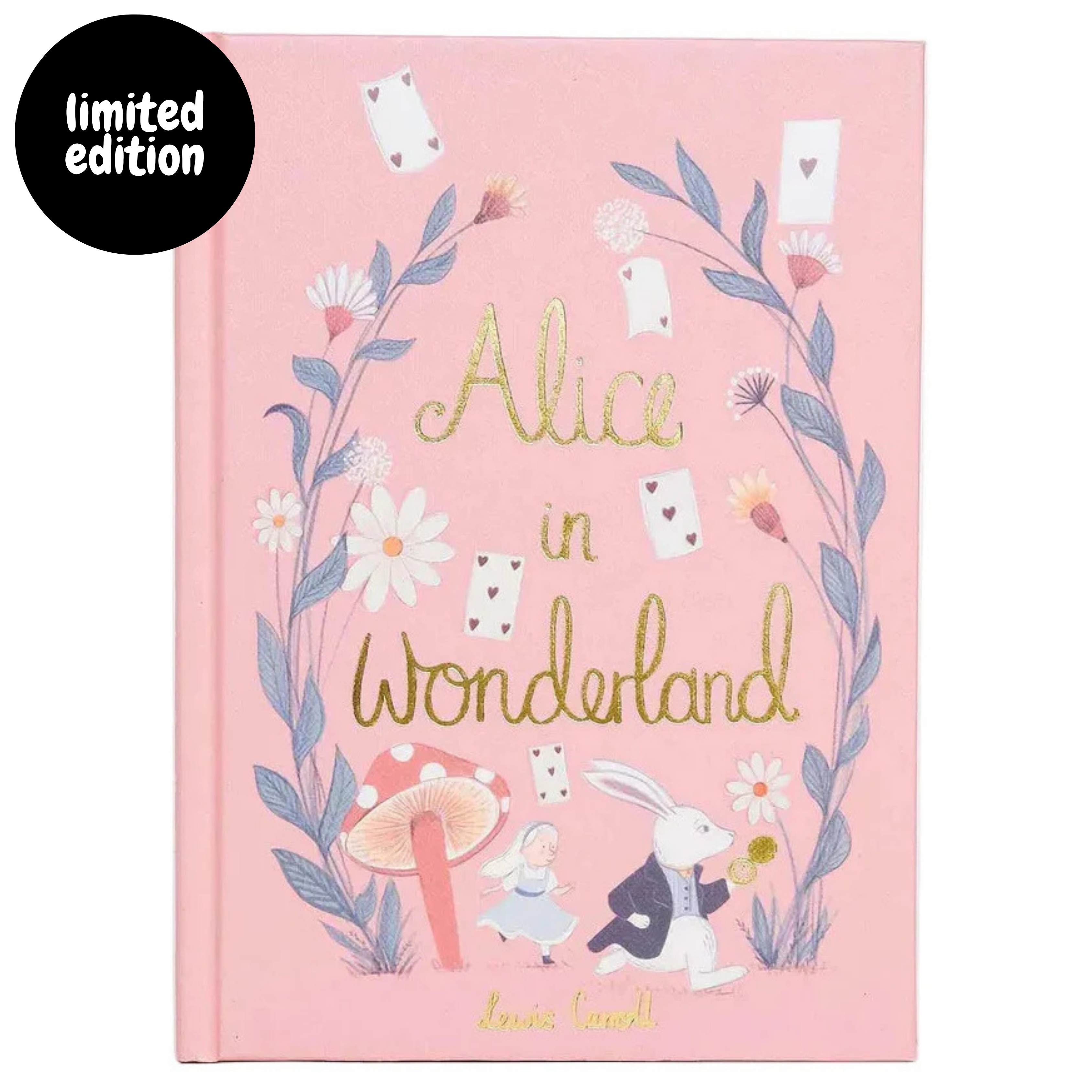 front of Alice in Wonderland collector’s edition hardback book with blush pink illustrated cover, gold foil lettering and sprayed heart cards page edges by Lewis Carroll. wordsworth collectors limited edition