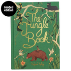 cover of limited edition The Jungle Book collector’s edition hardcover by Rudyard Kipling with green illustrated cover, gold foil title, cloth-bound finish and decorative sprayed edges, stacked on books.